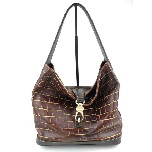 Dooney & Bourke Brown Croc Embossed Leather Large Hobo Shoulder Bag  & Key Fob - Picture 1 of 15